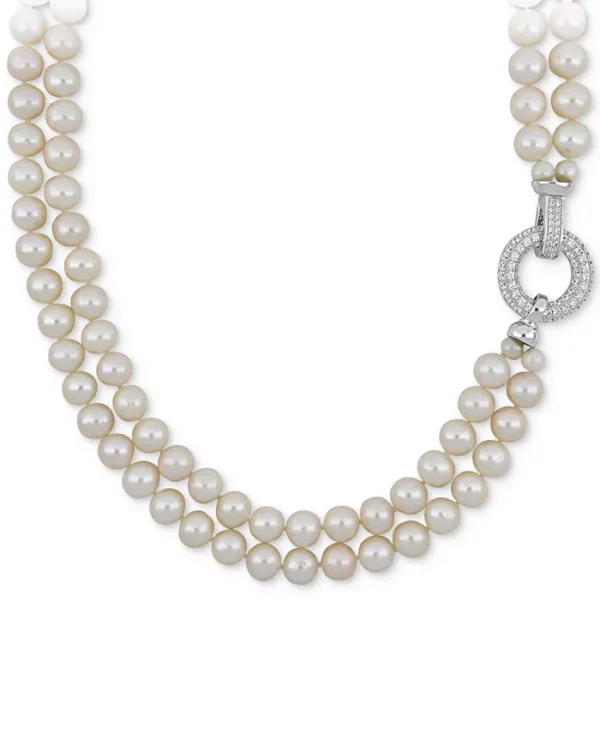 Cultured Freshwater Pearl & Cubic Zirconia Double Strand 17" Collar Necklace - Image 4