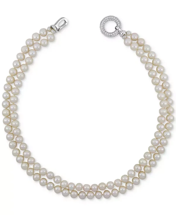 Cultured Freshwater Pearl & Cubic Zirconia Double Strand 17" Collar Necklace - Image 2